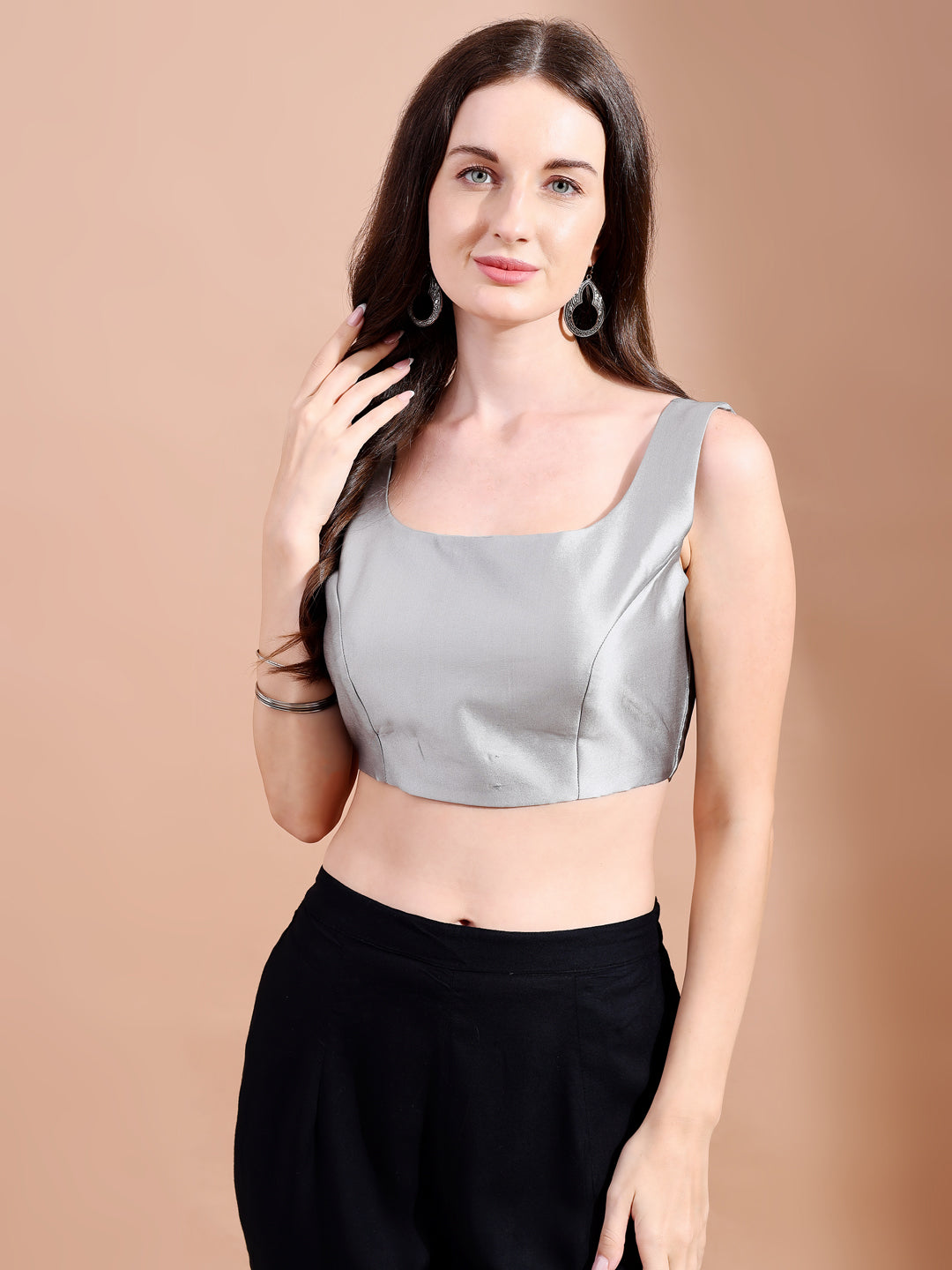 Two tone grey colour tafetta sleeveless blouse